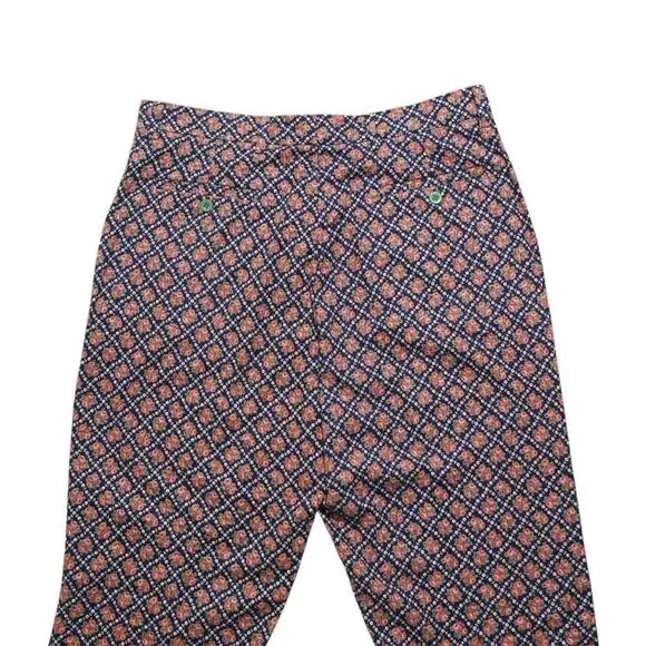 Mens 34 Floral Pants Blue Orange Cotton Geometric Flat Front Straight Trousers